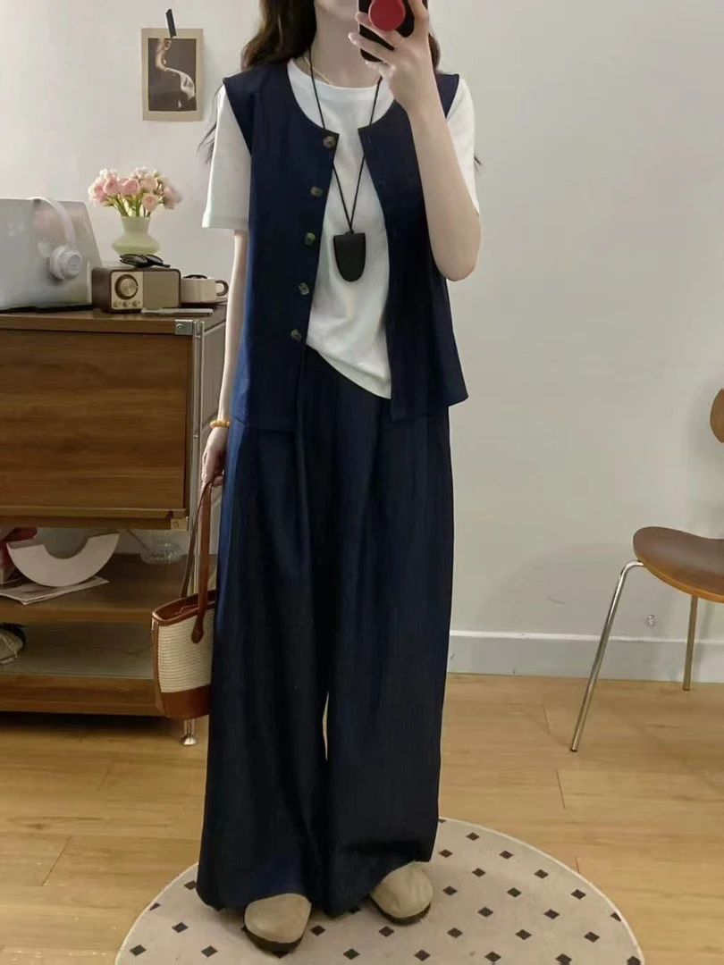 2025欧洲站韩系减龄马甲简约大方马甲+T恤+休闲阔腿裤三件套1398