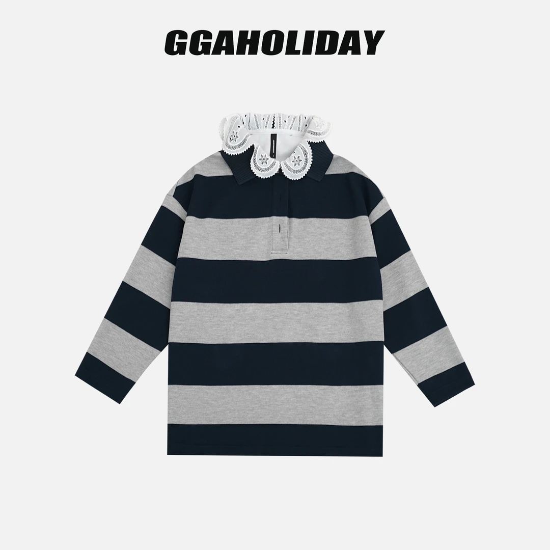 GGAHOLIDAY时尚休闲宽松舒适拼接polo长袖条纹显瘦撞色卫衣153237