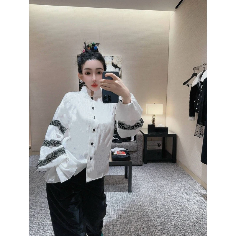 lbubu6月狂欢季【LL】【CC】香家新款字母提花袖口钉珠长袖衬衫