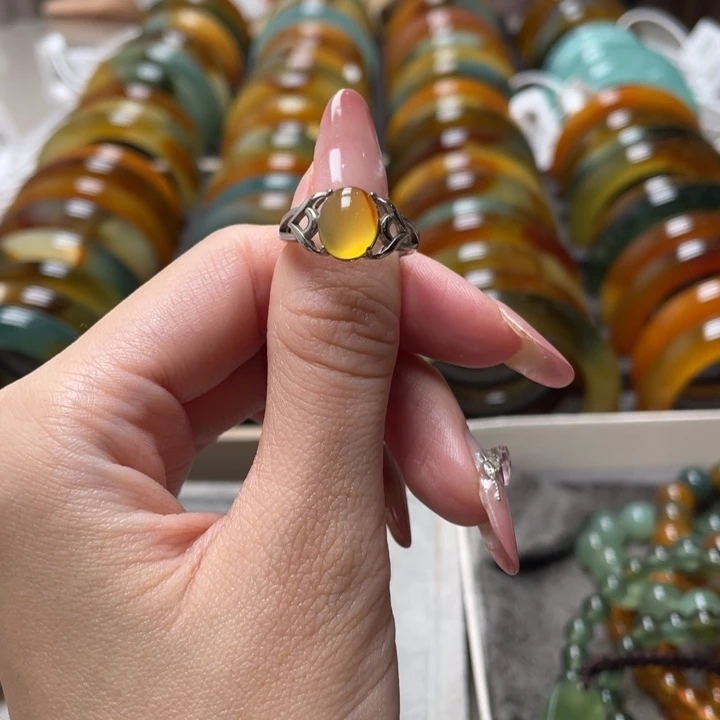 蛇纹石玉银S925镶嵌戒指金***魚