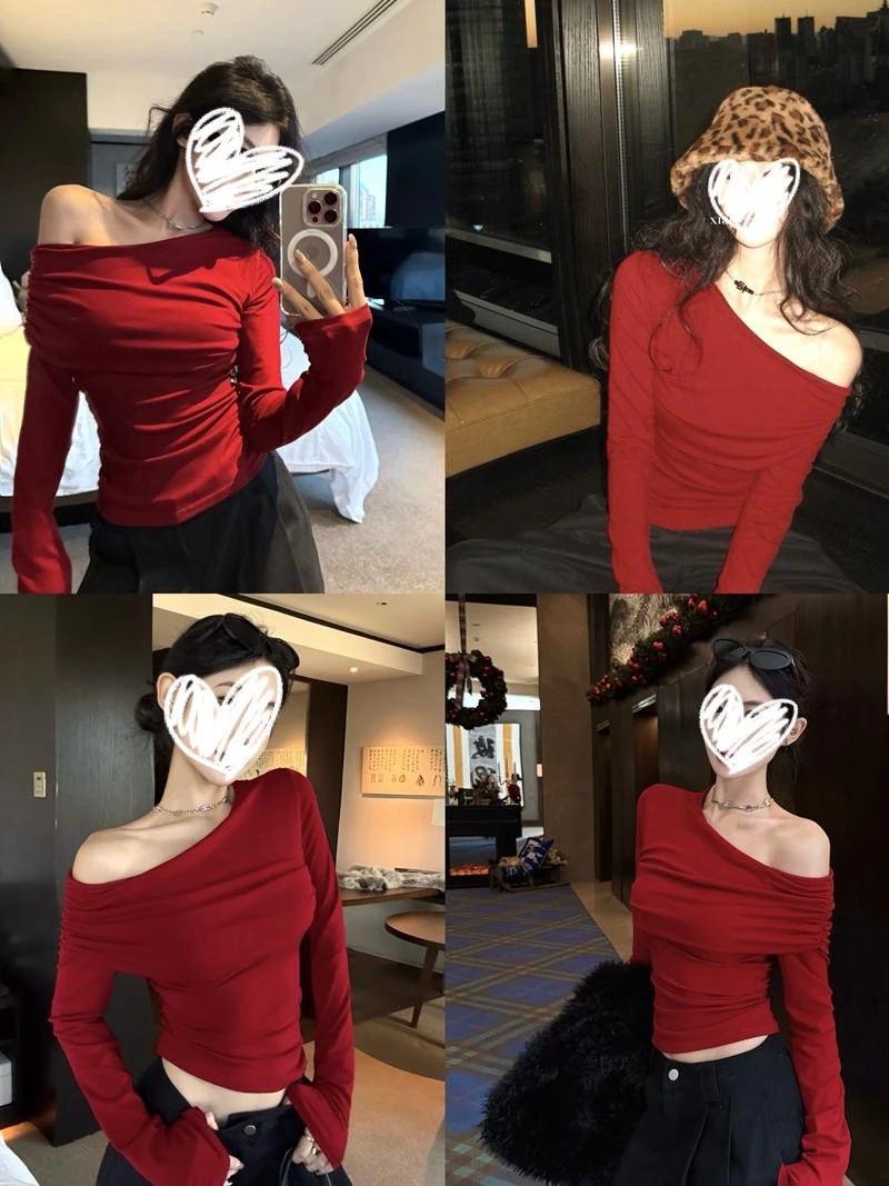 圣诞网红洋气炸街斜肩褶皱内搭长袖T恤女装秋冬修身显瘦打底衫