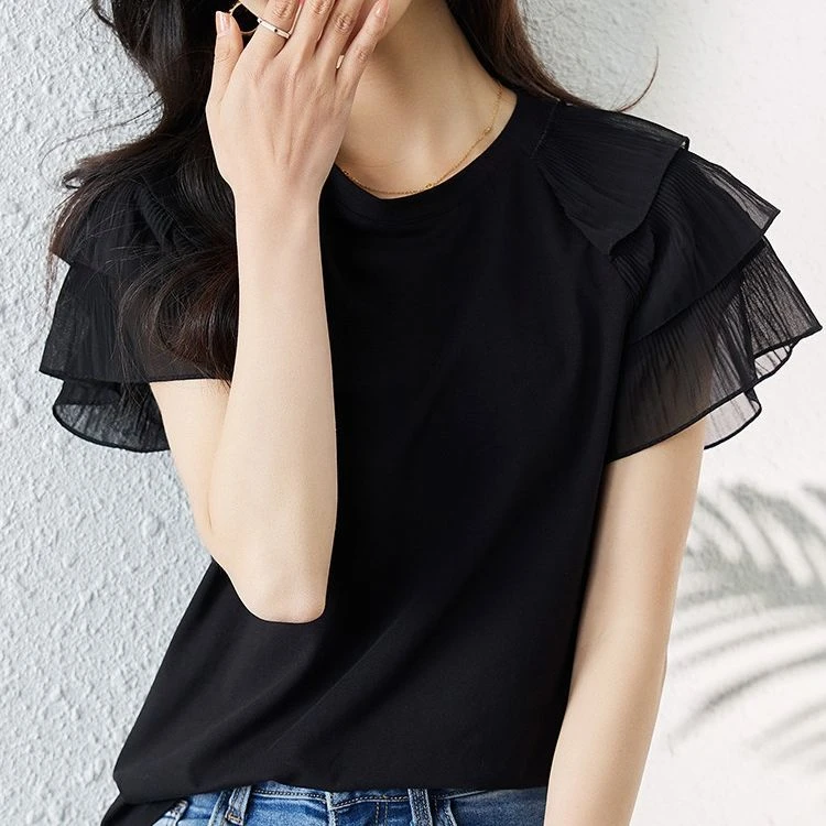 黑色蕾丝拼接短袖t恤女春夏季欧货宽松百搭洋气气质网纱短款上衣