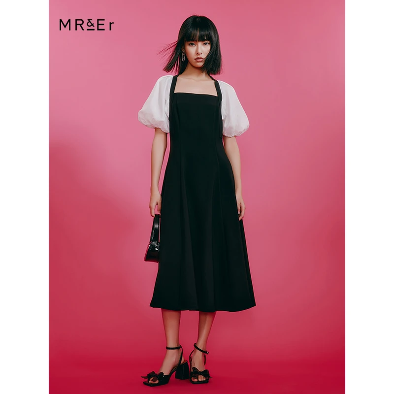 小众设计感高腰A字连衣裙显瘦泡泡袖拼接裙子R4B90934