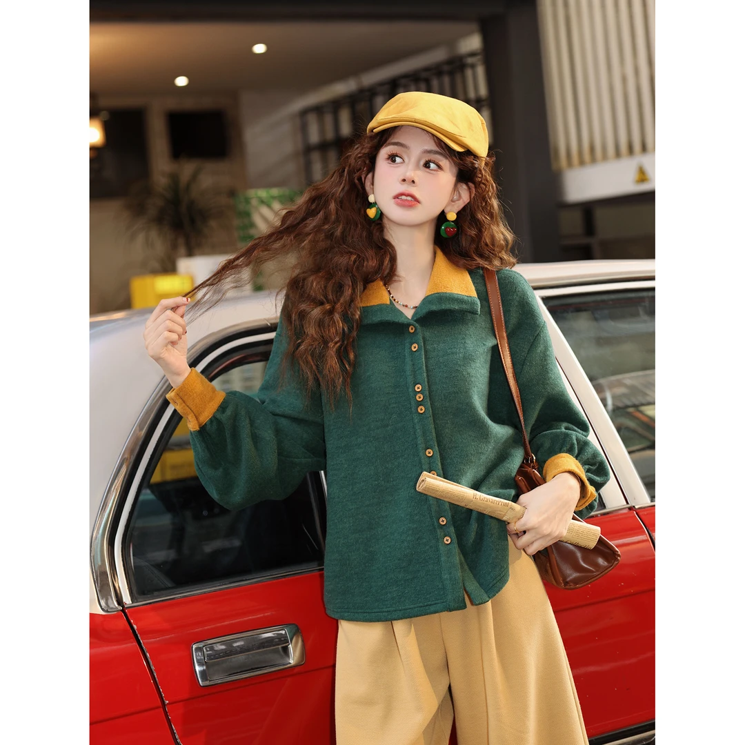 陈大器【松针悬露】复古港风拼色秋冬长袖百搭上衣衬衫JM8326228