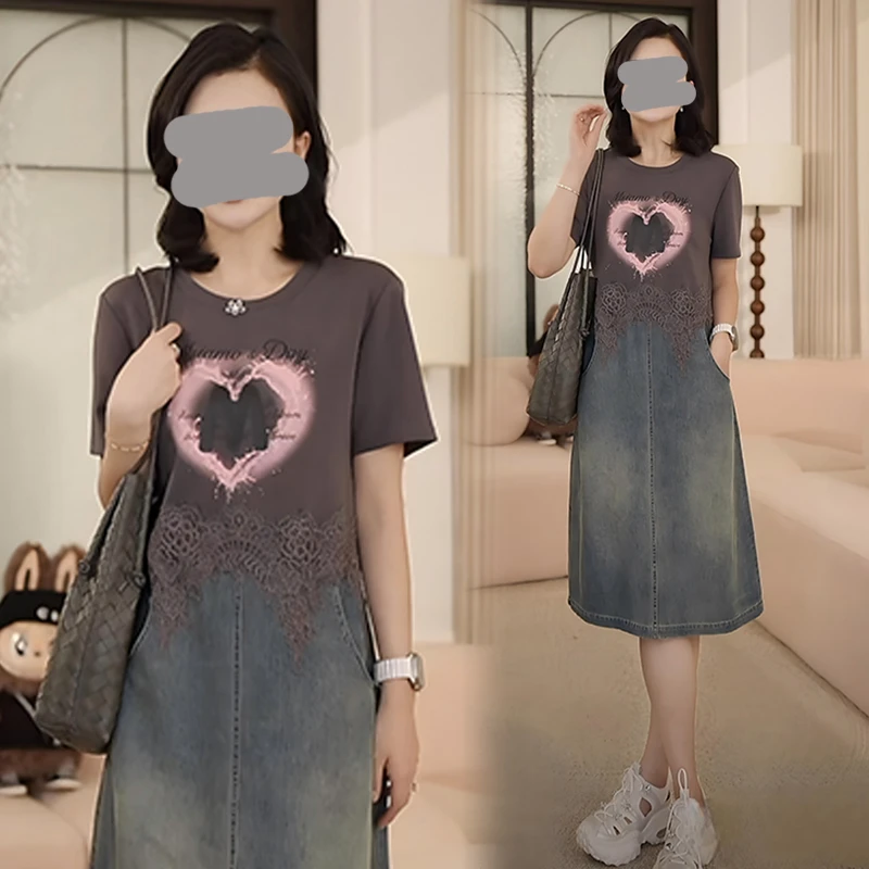 2025年夏季新款圆领正肩印花蕾丝拼接牛仔假两件休闲百搭连衣裙女