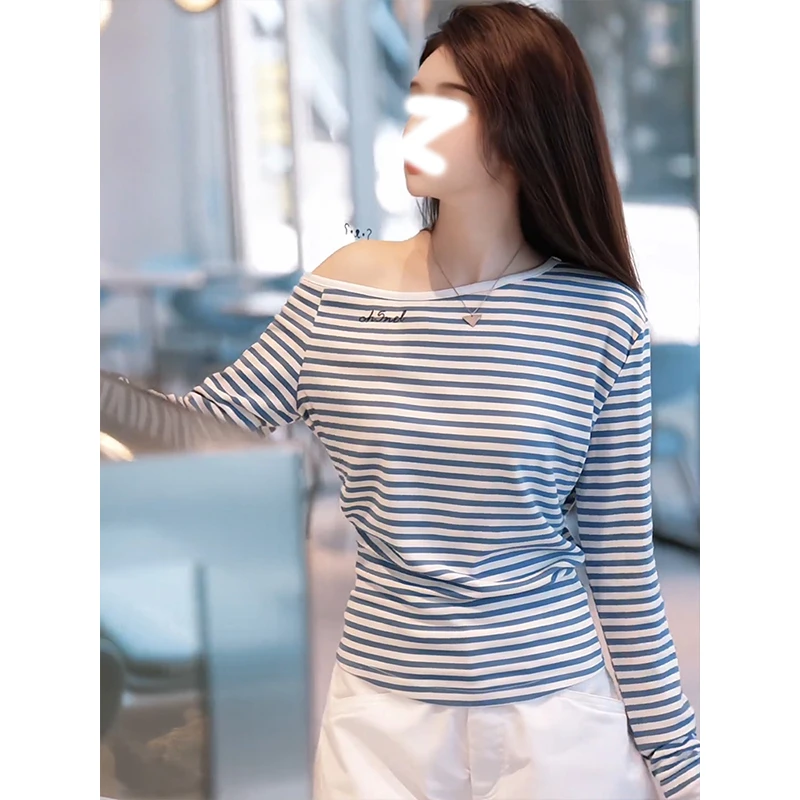 韩系chic休闲减龄条纹打底T恤女春秋2025新款设计感修身露肩上衣