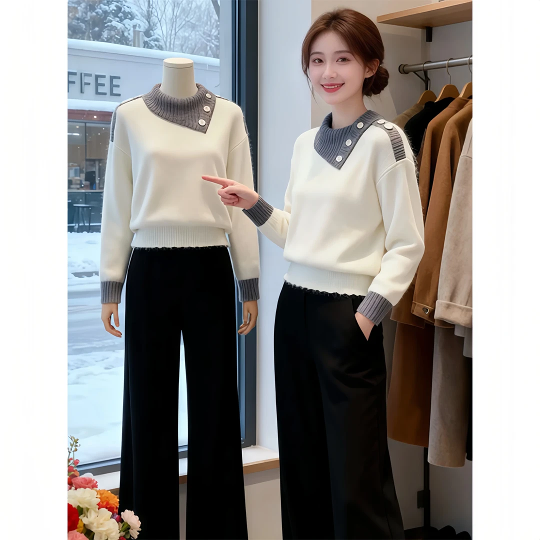 SHALLDOER设计感上衣翻领针织衫女2025秋冬新款撞色慵懒宽松上衣