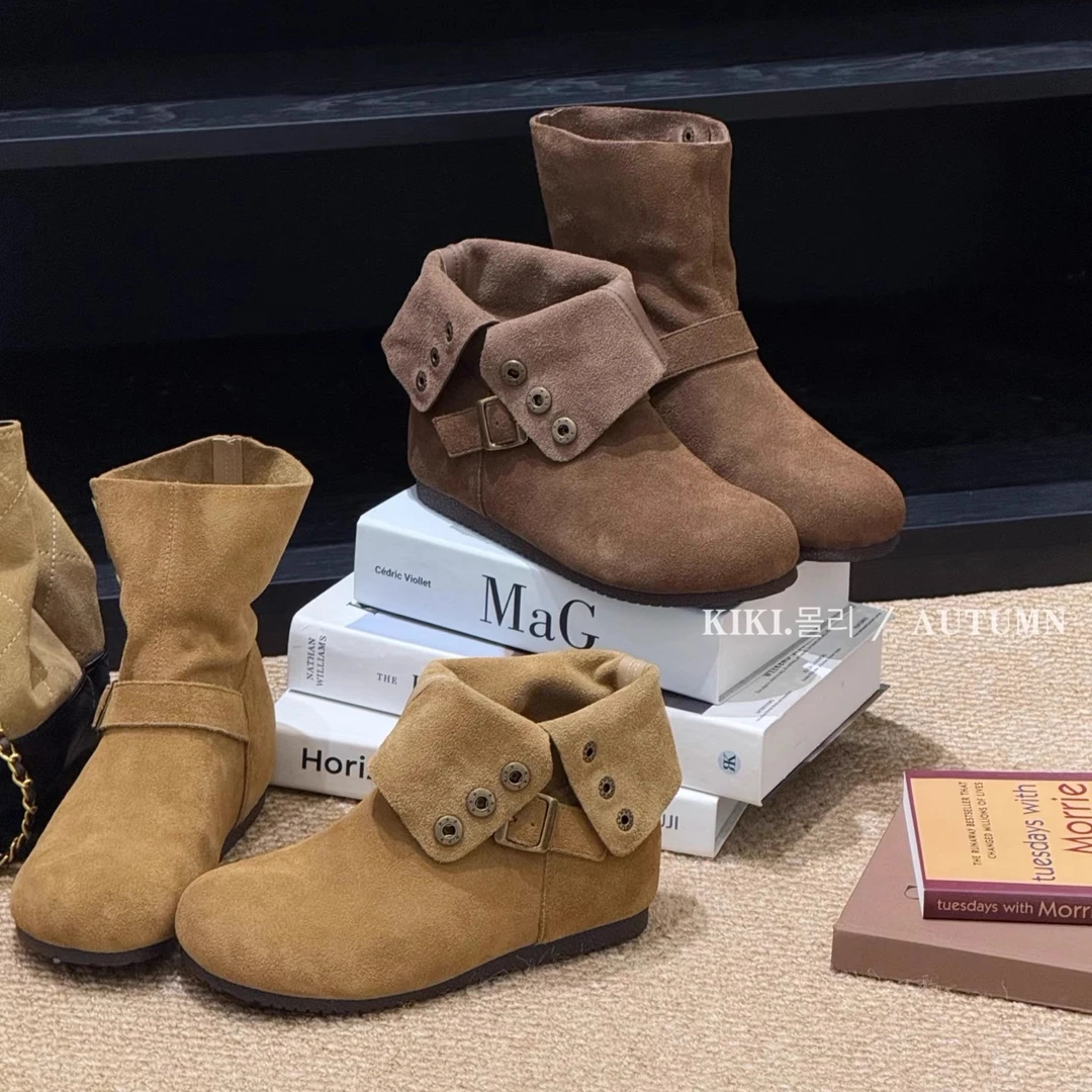 森系复古内增高勃肯靴2025早秋新款厚底翻折时装靴增高小众短靴女