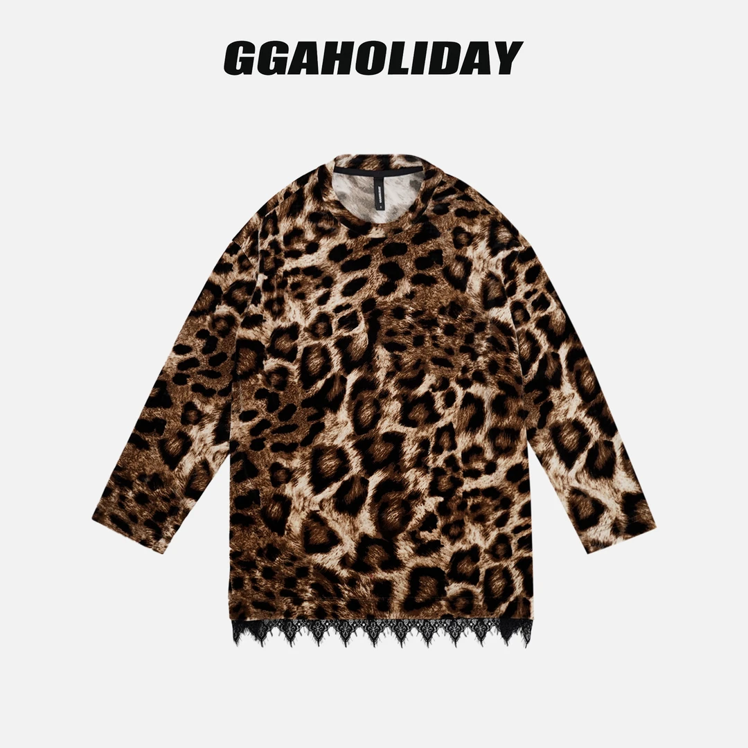 GGAHOLIDAY时尚休闲宽松潮流秋冬打底绒衫豹纹圆领长袖T恤-154171