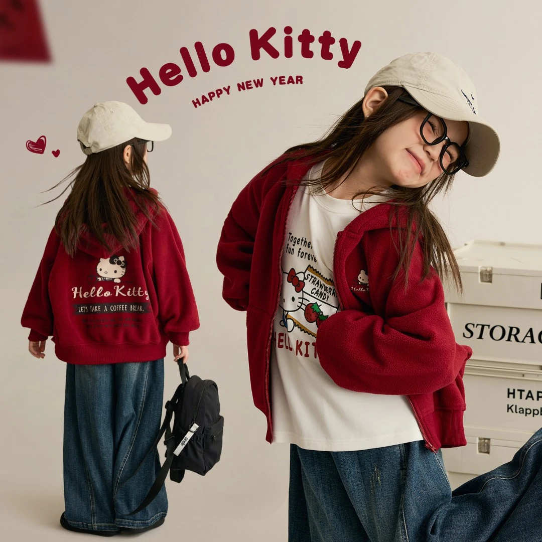 辰辰妈【能量站】女童Kitty连帽外套秋季儿童印花摇粒绒上衣8577DH