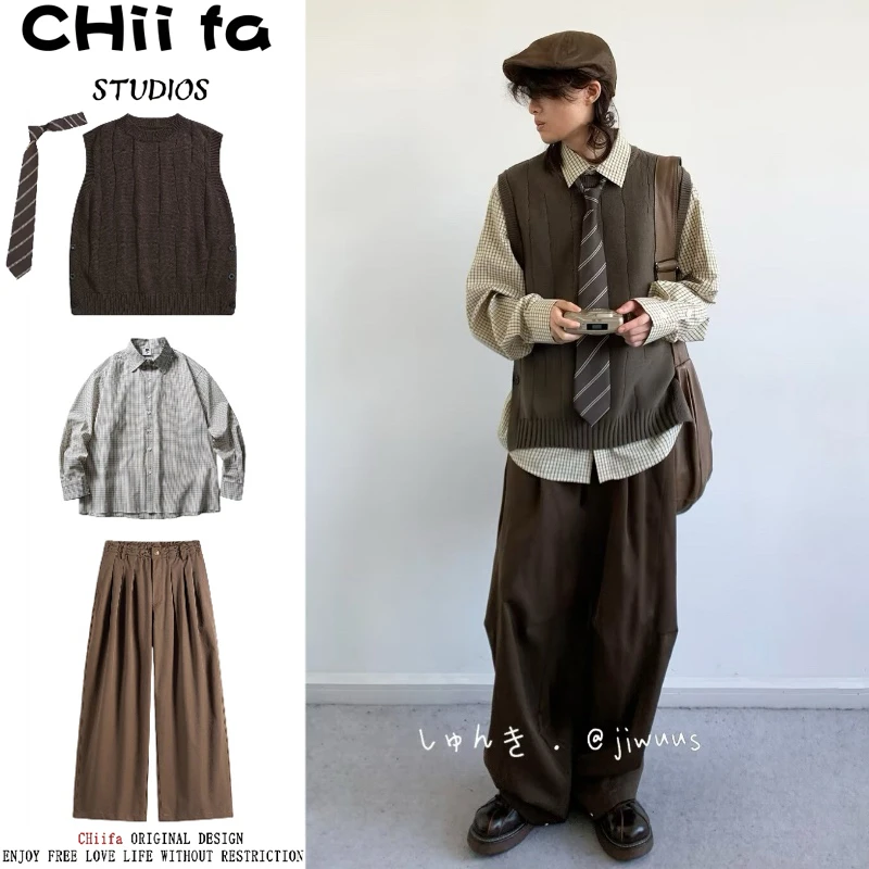 CHiifa 三件装/单件秋日系复古针织背心男百搭学院风坎肩无袖毛衣