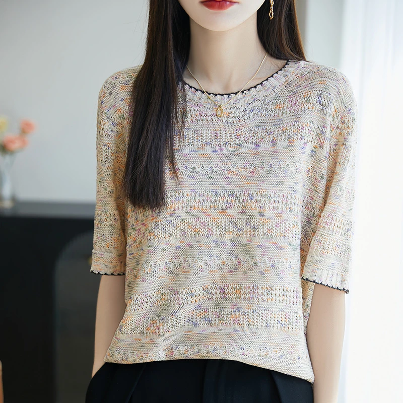 哥弟阿玛施正桑蚕丝短袖T恤女夏季新款针织宽松洋气百搭薄款上衣