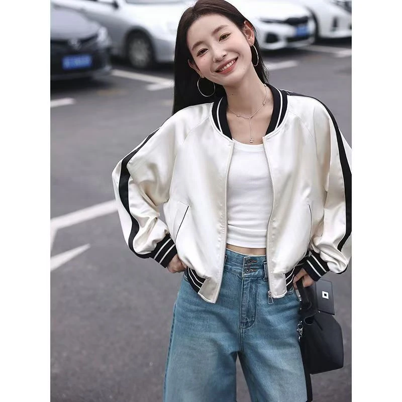 早秋圆领拼色小香风短外套棒球服宽松百搭气质休闲短外套女