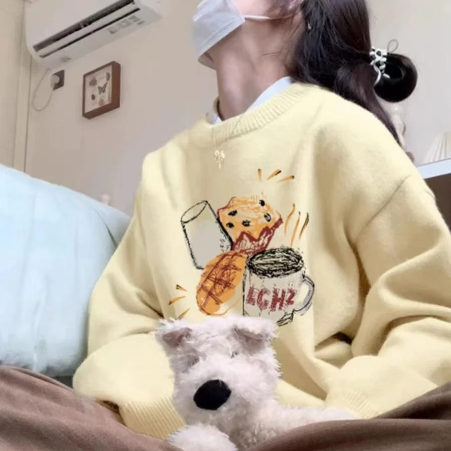 黄色软糯慵懒风圆领毛衣女秋冬季针织衫高级感ins潮宽松小众上衣