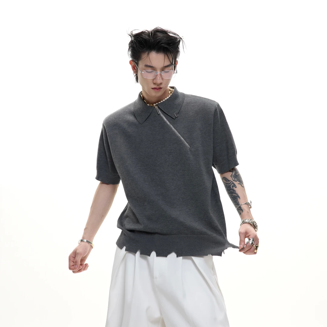 ArguE CulturE小众冰感修身针织POLO衫斜拉链设计破坏下摆短袖夏