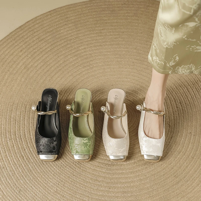 套筒方头民族风浅口中跟穆勒鞋小众百搭一字带复古粗跟女鞋