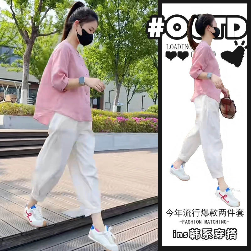 2025夏季韩版时尚洋气减龄宽松显瘦中袖上衣休闲九分裤两件套