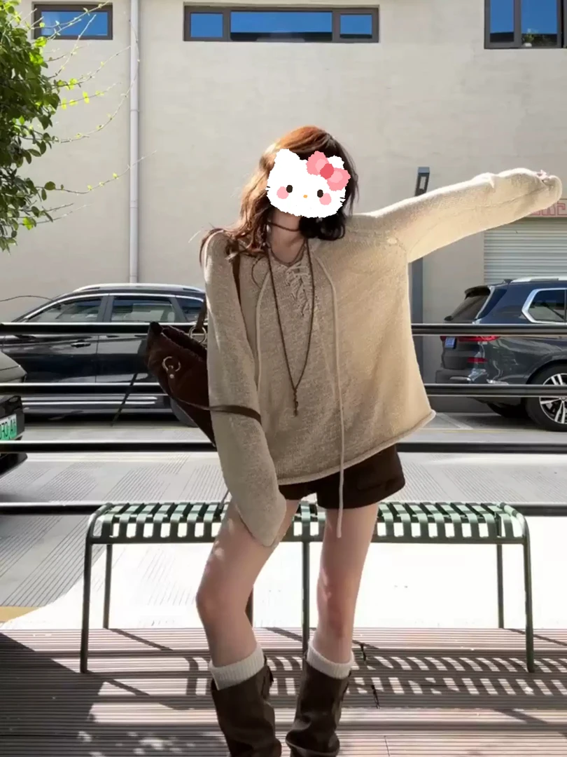 慵懒风卡其色长袖针织衫女早秋季设计感绑带气质宽松休闲百搭上衣