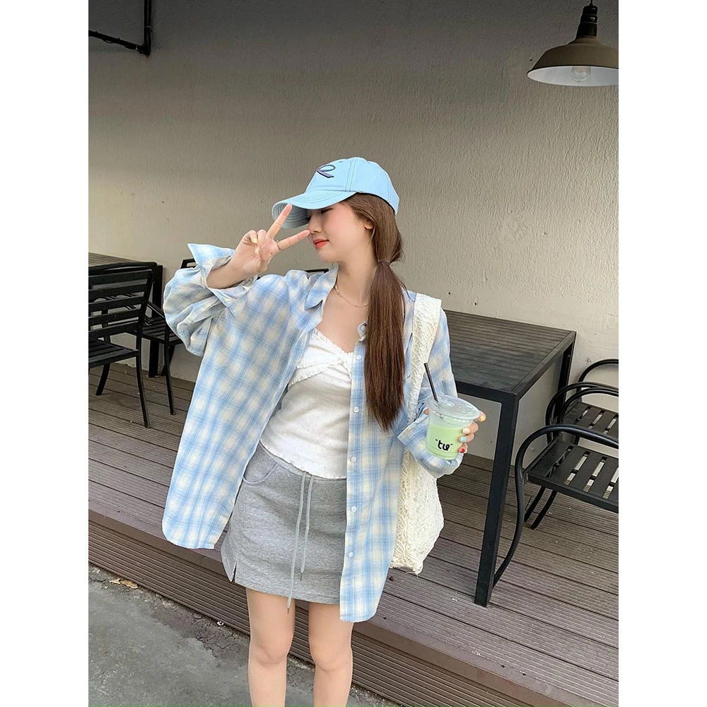 2025春秋撞色格子衬衫韩版宽松百搭休闲设计感衬衣女外套长袖上衣