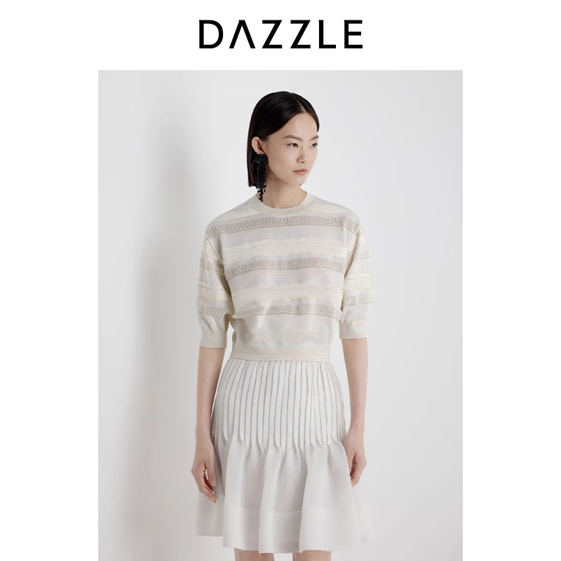 DAZZLE 地素毛衫短袖2025年夏季新款白色针织夹条短袖套衫2J2E304
