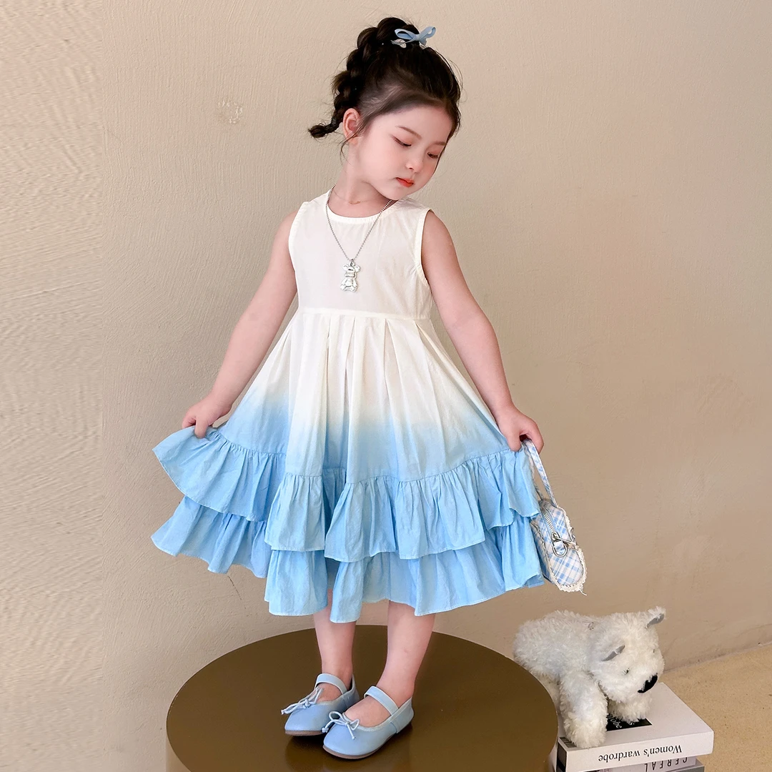 女童夏款连衣裙2025年新款时尚渐变色大裙摆棉布裙儿童韩版公主裙