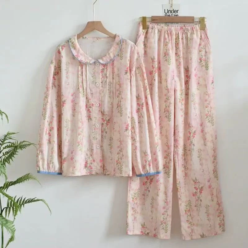 品牌新品春秋中厚棉莫奈花园娃娃领舒适女士家居外穿家居套装睡衣