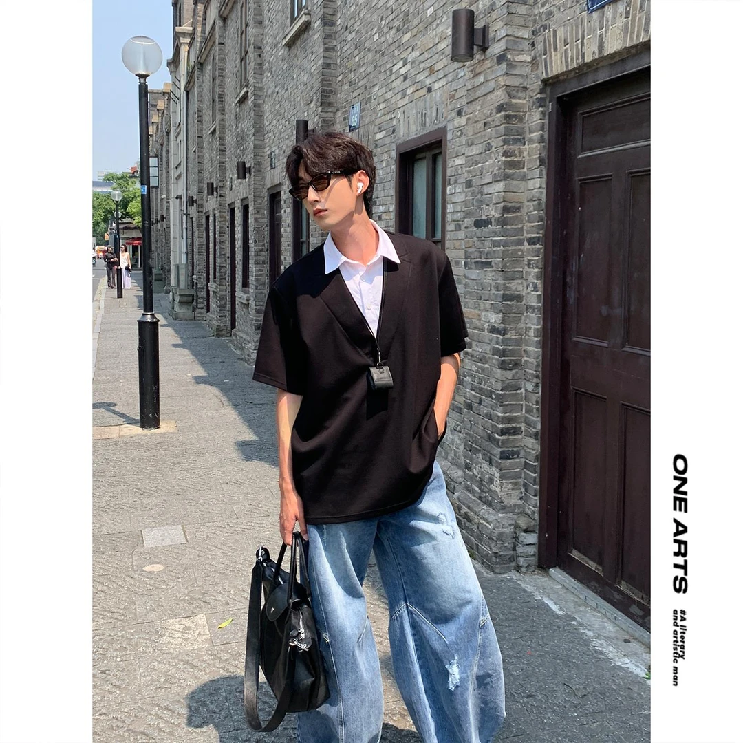 ONEARTS假两件短袖衬衫男夏季美式高街宽松半袖小众设计感Polo衫