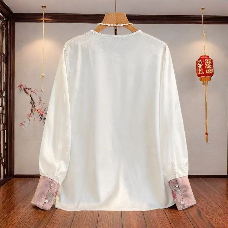 C097新款新中式轻国风提花衬衫圆领流行漂亮小衫单穿打底上衣女春