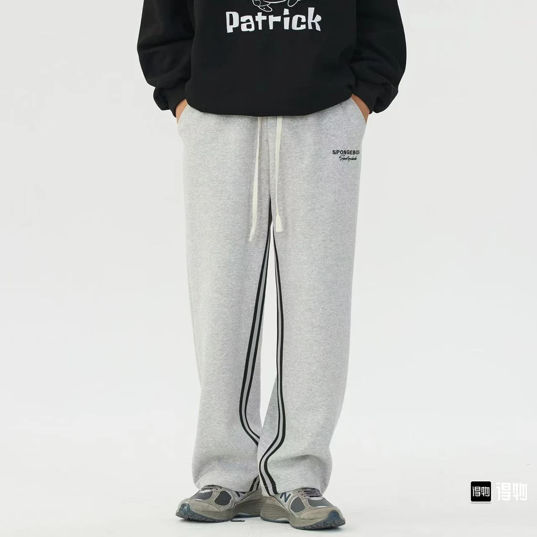 海绵宝宝 内侧条纹双杠高街潮流抽绳针织运动休闲裤 男女同款1009