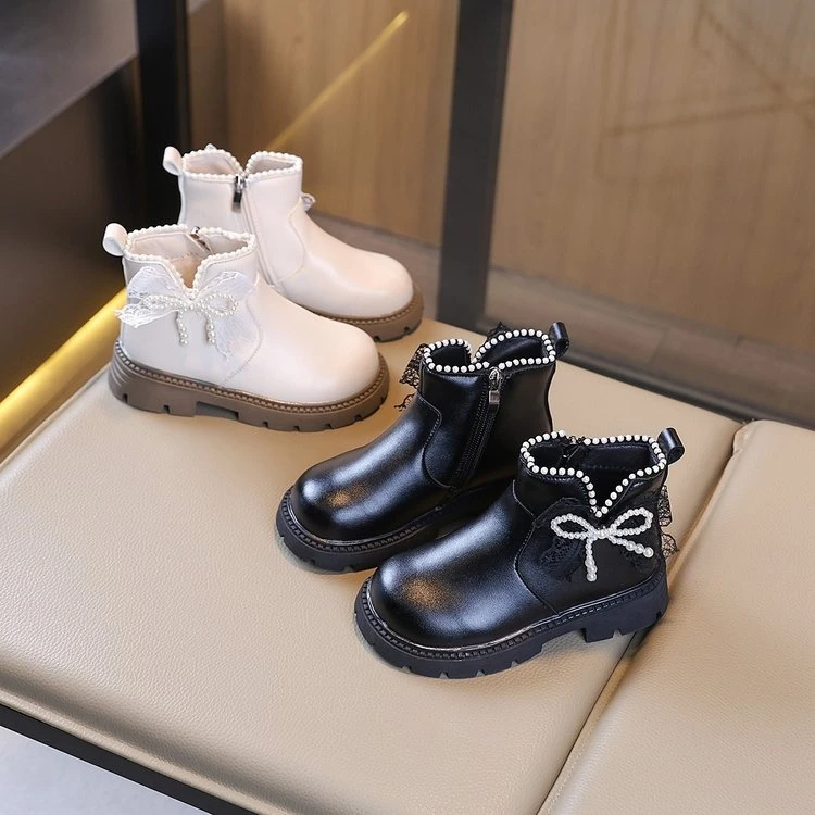 女童皮靴2025新款珍珠蝴蝶结公主马丁靴女孩时尚百搭短靴子FC-315