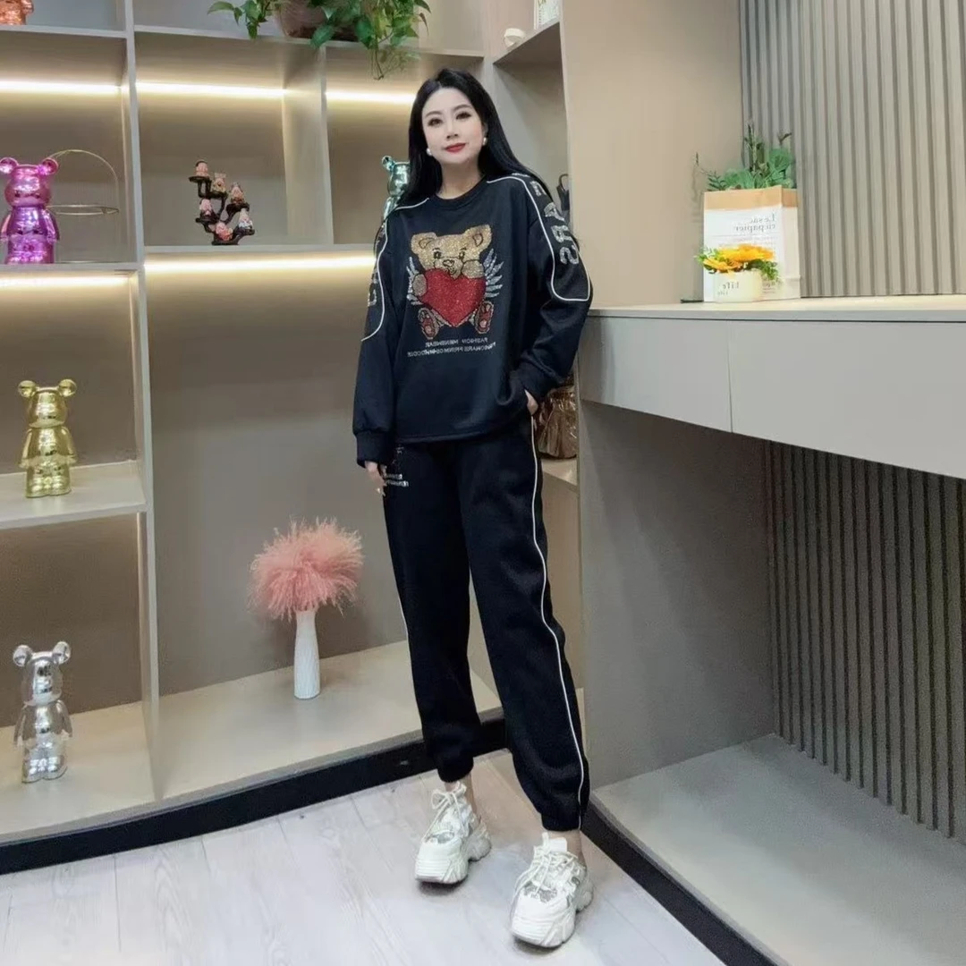 秋季套装-玲 时尚潮流洋气小熊亮闪设计加绒款胖MM大码女装新款