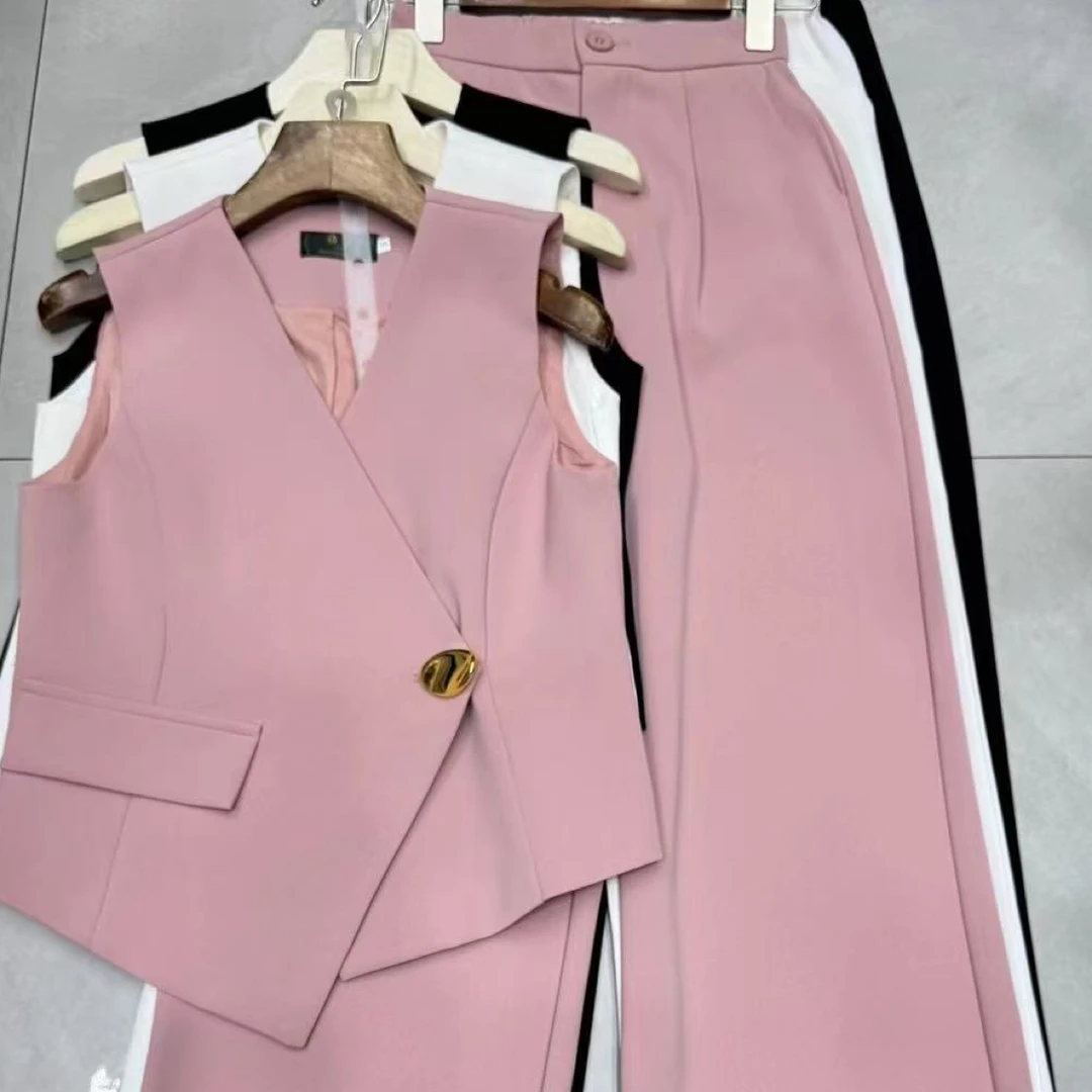 新款高端定制重工金扣无袖马甲西装阔腿裤套装女8698