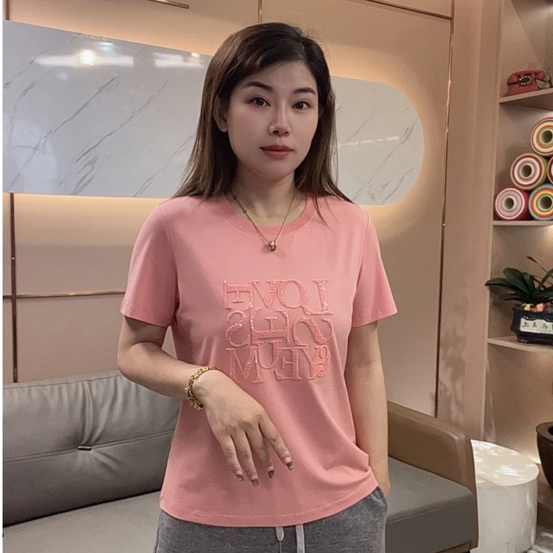 时尚字母T夏季 刺绣抗菌短袖t恤A9026