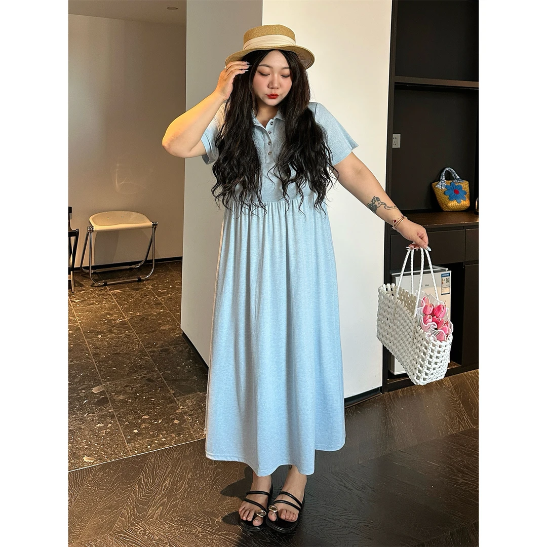 洋槐春色 / 设计感蓝色清爽连衣裙14978花契大码200斤胖mm夏季