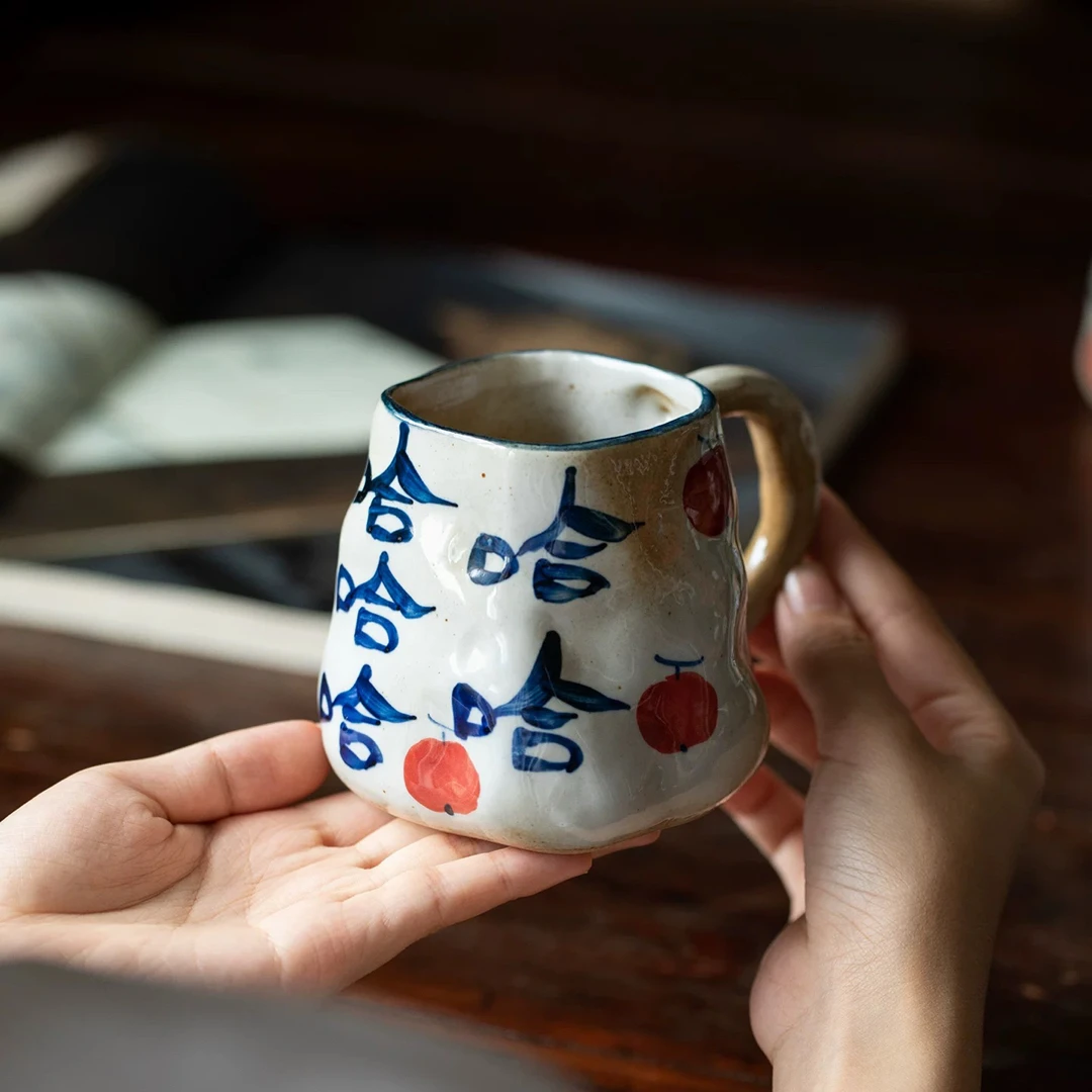 手绘釉下彩粗陶马克杯咖啡杯