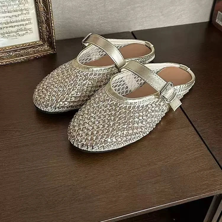 欧洲站露脚趾2025夏女羊皮风网面镂空性感网鞋低跟包头半拖鞋凉拖