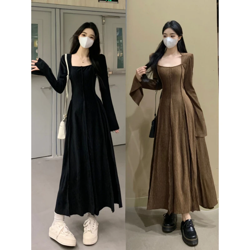 大码女装胖妹妹高级感收腰修身显瘦气质打底内搭中长丝绒连衣裙