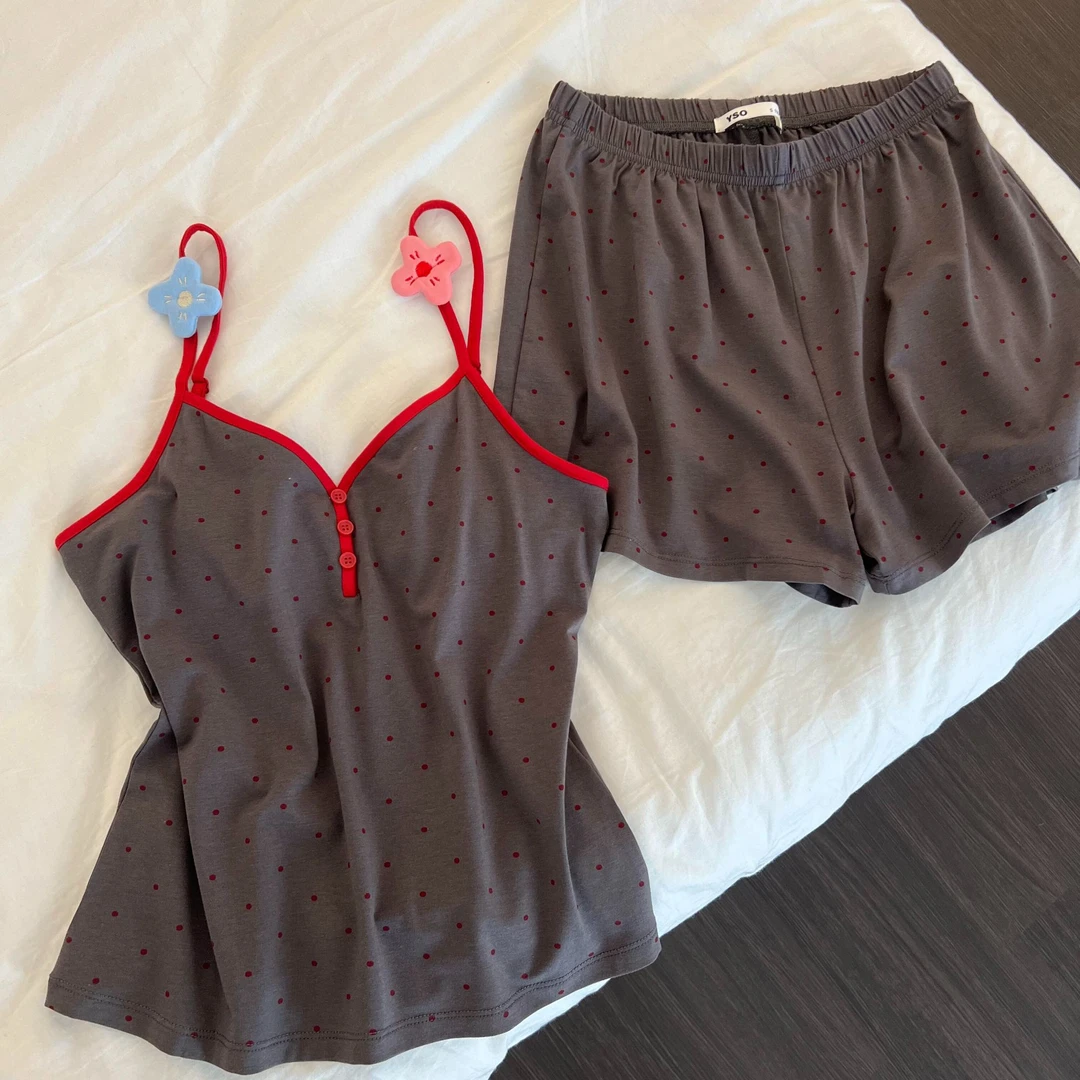 花朵吊带睡衣女夏季新款简约风波点印花舒适纯棉带胸垫家居服套装