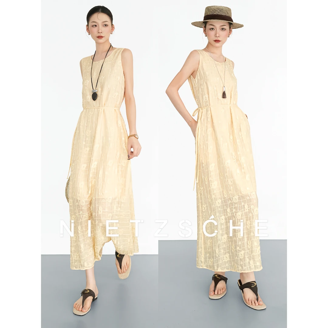 Nietzsche｜扶摇｜桑蚕丝 浮雕刺绣  轻盈美感 慵懒黄连衣裙90056