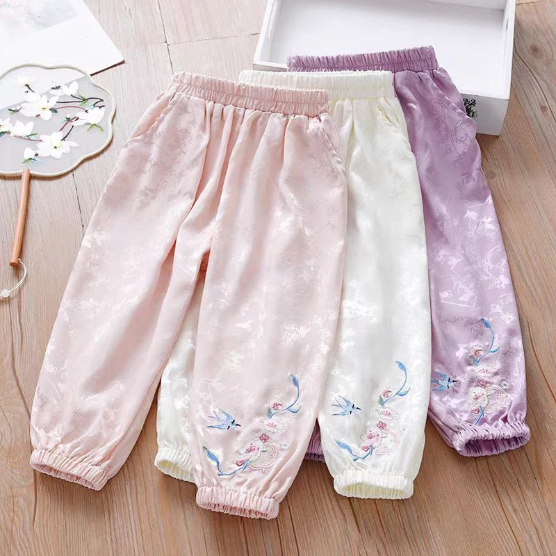 女童夏季裤子2025新款中式时尚国风缎面提花垂感中大童宝宝长裤潮