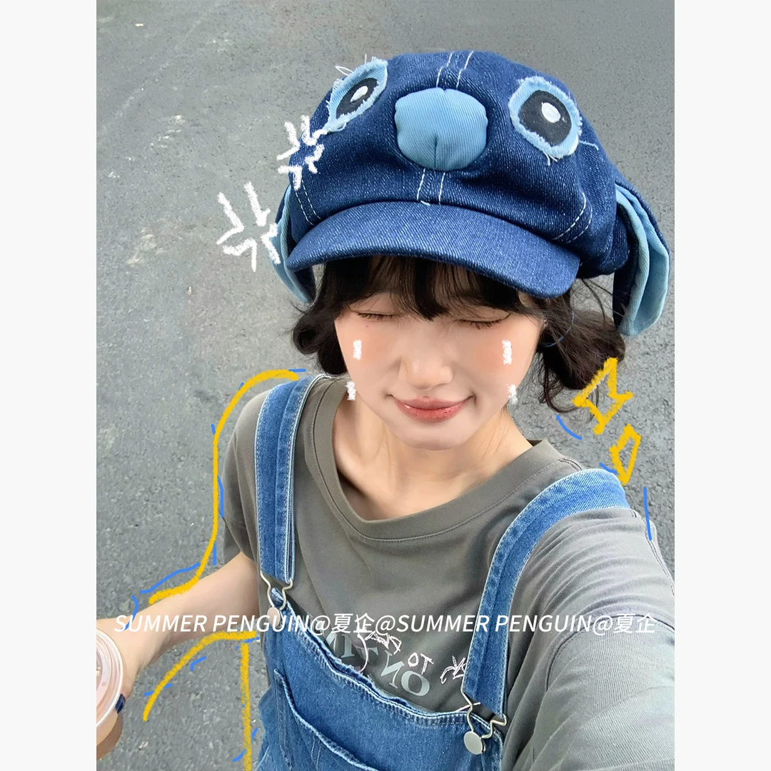 SUMMER PENGUIN卡通史迪仔刺绣大耳朵贝雷帽女甜美秋冬百搭画家帽