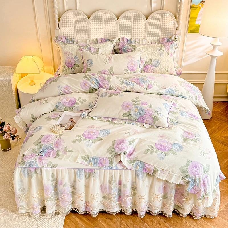 【夹棉床裙款】全棉四件套韩版花边床罩被套纯棉高品质床品四季可用