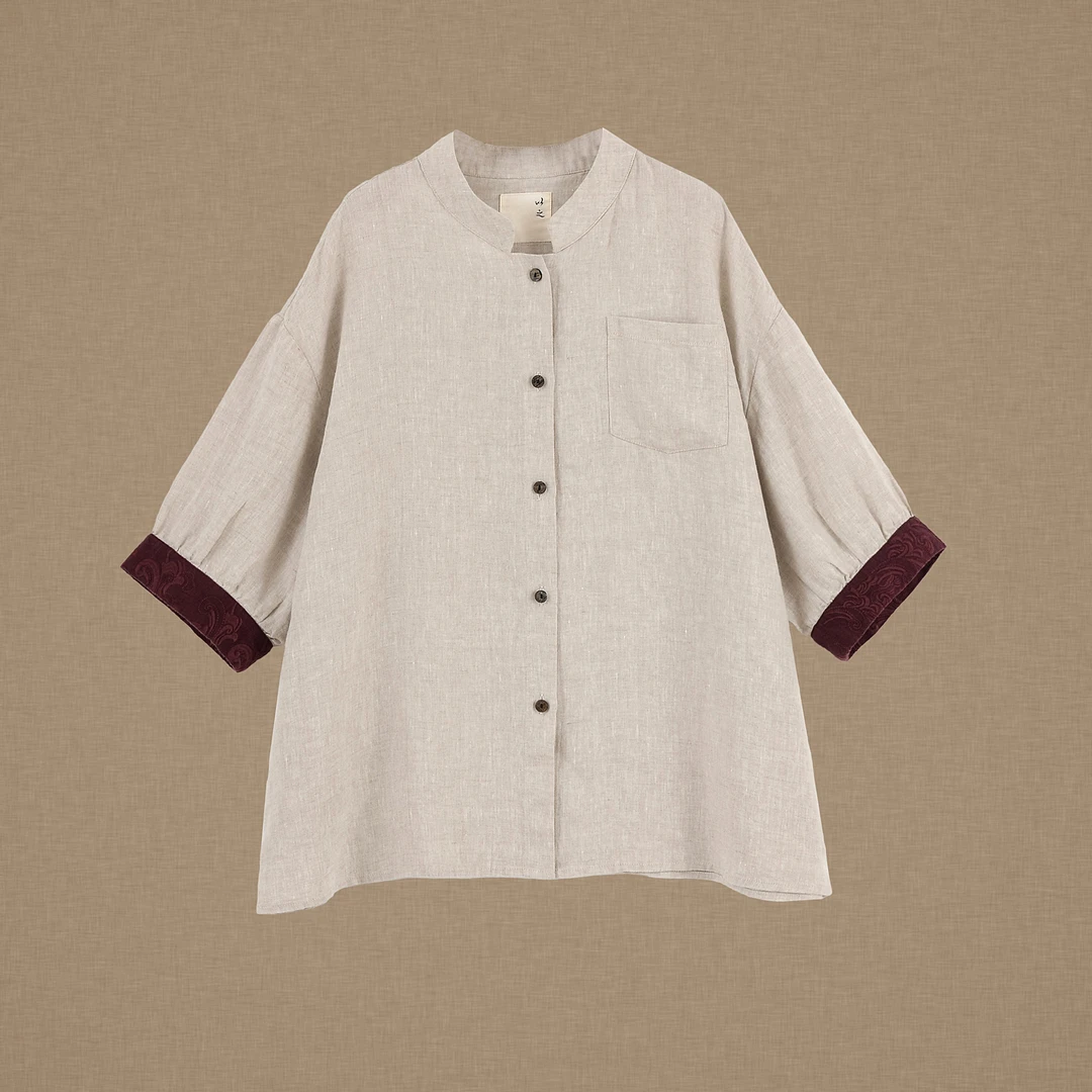 【以之】设计师品牌原创袖口撞色刺绣亚麻上衣百搭大版七分袖小衫女