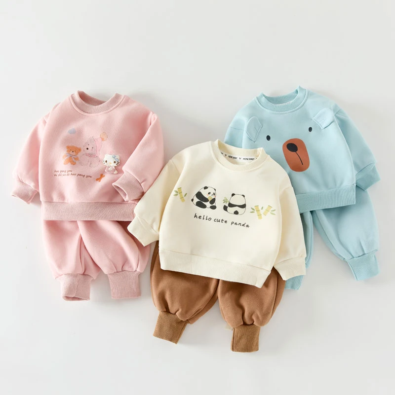 【两用裆】秋冬婴儿卫衣裤套装加绒宝宝运动休闲套可爱卡通小童套装