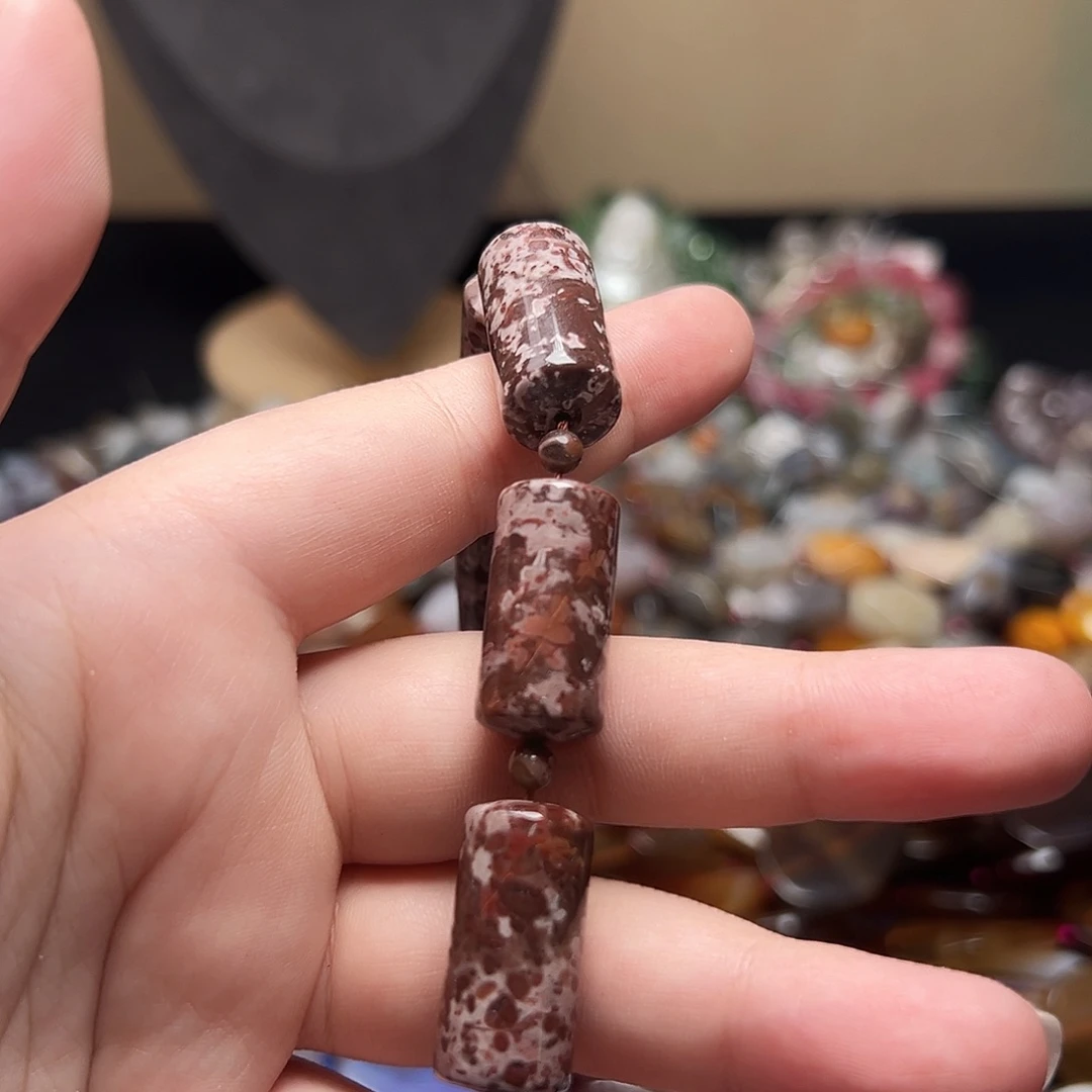 玛瑙/玉髓合金珠宝半成品D253，黑金豹影桶珠一条