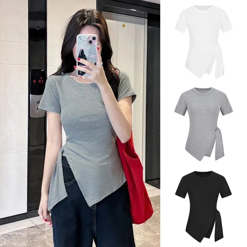 Moses Queen/魔西女王设计感掐腰系带短袖T恤女修身显瘦正肩上衣