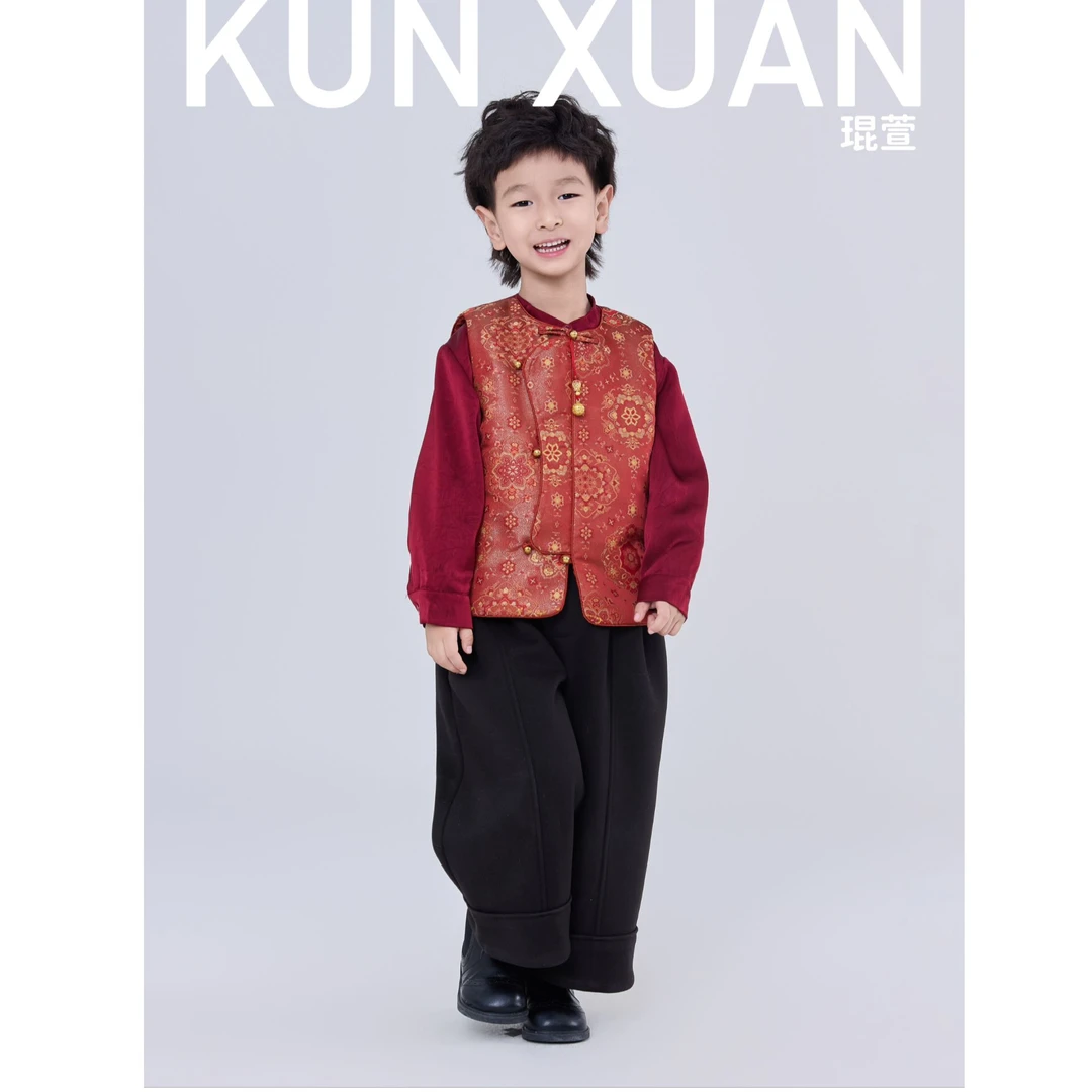 【琨萱】“金光宝相花”24冬款男童新中式织锦缎金丝夹棉马甲AU57S132
