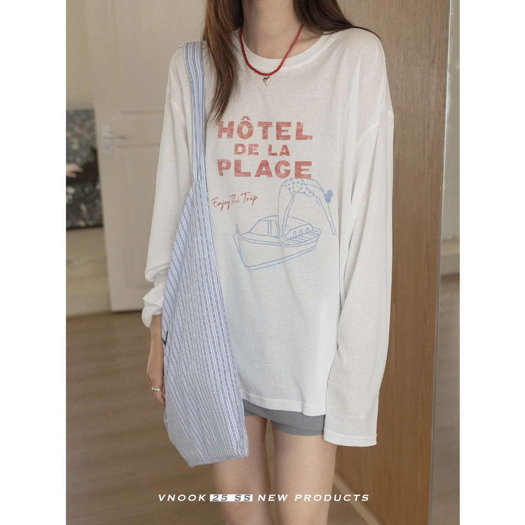 莱赛尔印花长袖t恤女春夏新款圆领宽松显瘦大码薄款气质针织上衣