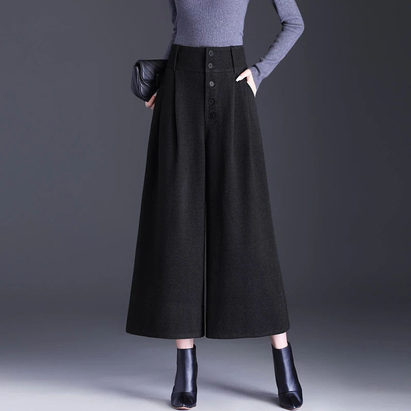 八分毛呢阔腿裤女2025秋冬季新款时尚压褶高腰排扣休闲加厚直筒裤