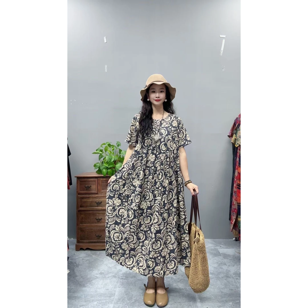 5049夏季新款清凉气质时尚复古遮肚宽松女显瘦百搭圆领休闲连衣裙